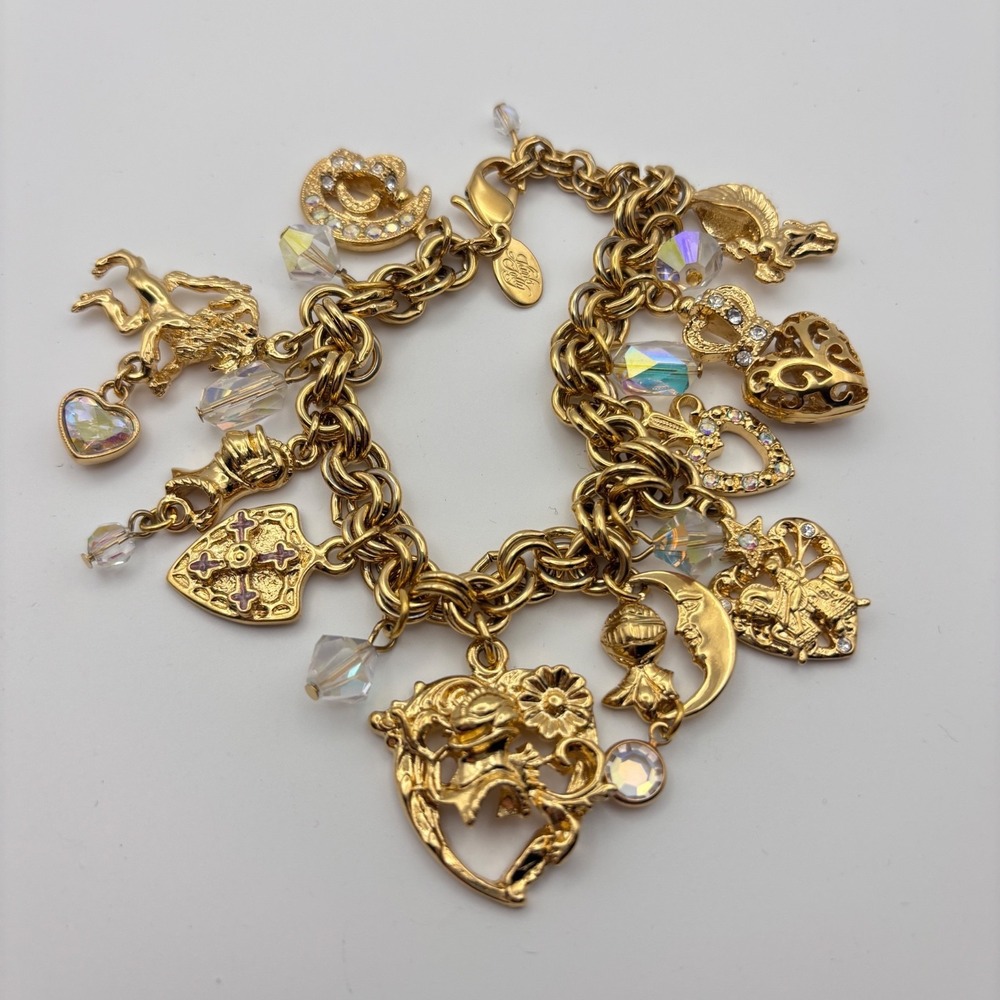 Kirks Folly Hearts Crowns Charm Bracelet Gold Tone Crystals